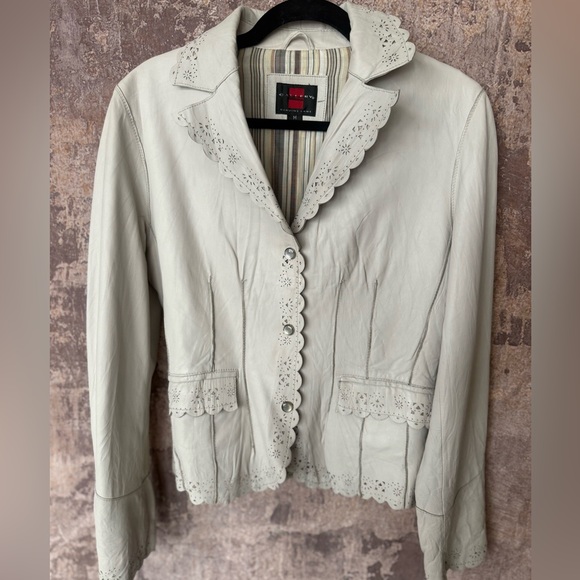 Gallery Jackets & Blazers - Leather laser cut detail bone color jacket snap closure with pockets